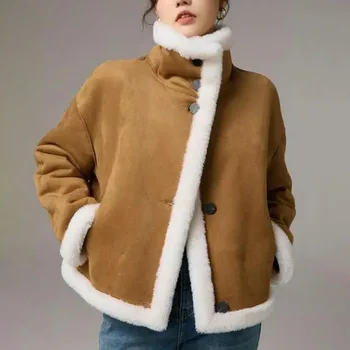 Новые куртки из искусственной замши, теплые пальто из овечьей шерсти в стиле пэчворк, женские зимние длинные пальто из искусственного меха, которые носят с обеих сторон, Элегантные парки 0
