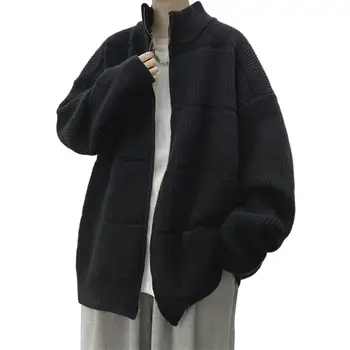 Модная вязаная куртка, мужской вязаный кардиган с высоким воротником, пальто на молнии, плотное тепло для осенне-зимней защиты, застегивается на молнию