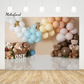 Фон для фотосъемки Mehofond Портрет новорожденного на 1-м дне рождения Воздушный шар Коричневый Игрушечный Мишка Декор для торта Фоновая фотозона 0