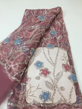 Африканская кружевная ткань с пайетками, тяжелые бусины, кружевная ткань с пайетками, Французский тюль, сетчатая кружевная ткань для свадебного платья KYX2326 0