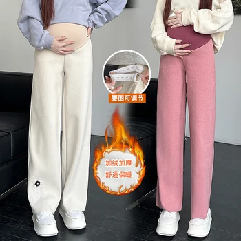 Зимние трикотажные брюки для беременных в корейском стиле с цветочной вышивкой, толстые теплые широкие брюки для беременных, флисовые повседневные брюки 0